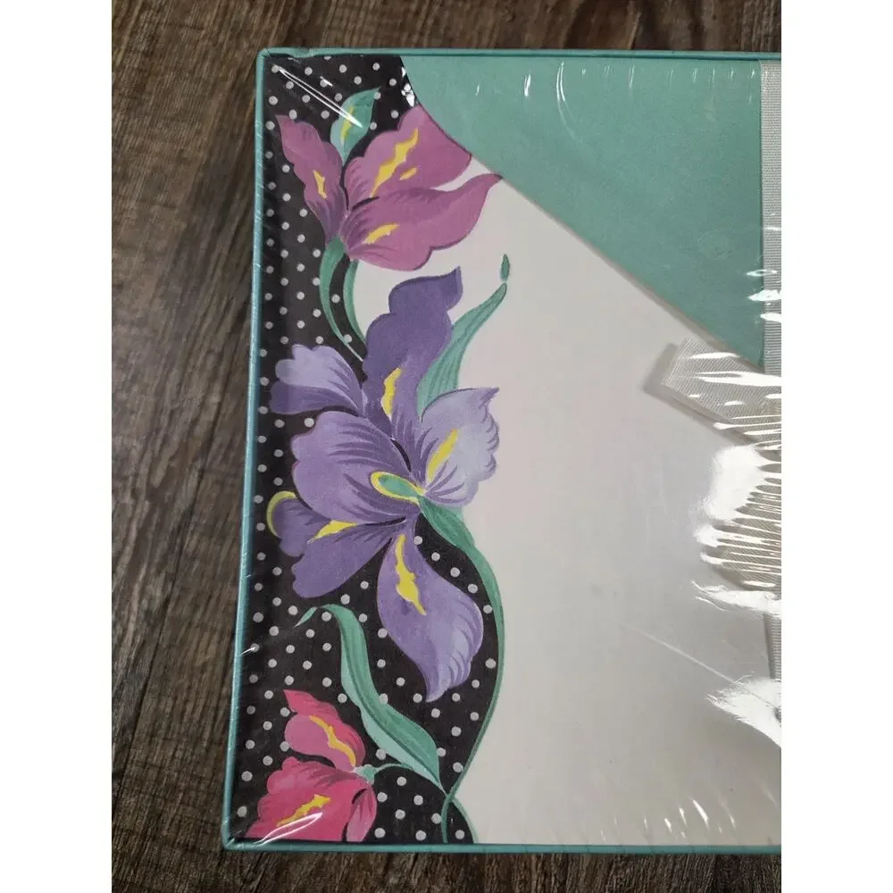 Whitings Stationery Box Vintage NEW SEALED Black Iris Purple Pink Teal Paper
